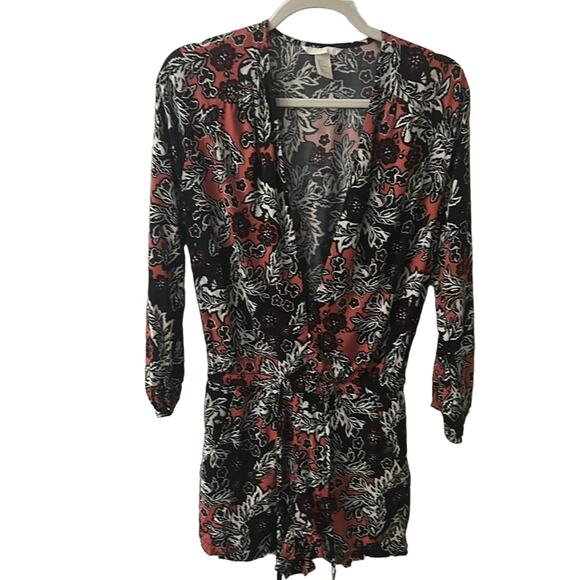 H&M Deep V-Neck Long Sleeve Draw String Waist Floral Romper 4 Boho Chic Coquette - Picture 1 of 5
